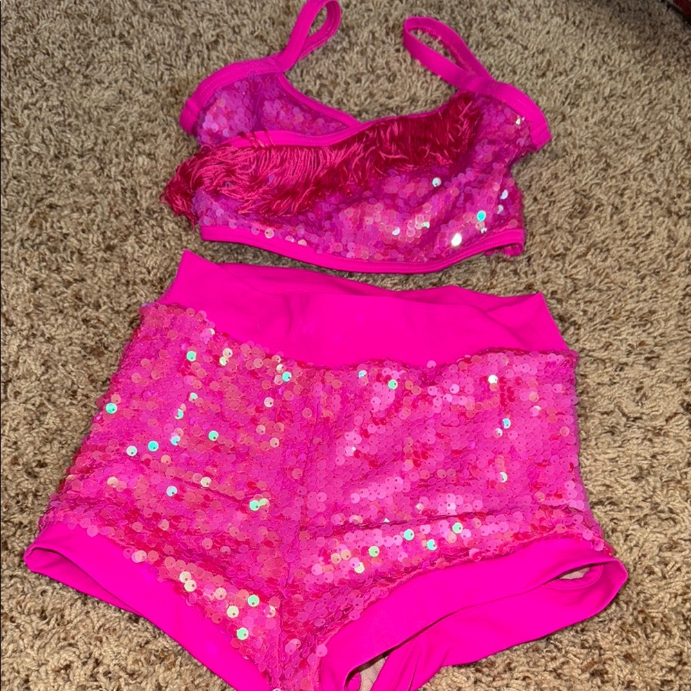 Medium Child Girl Balera Dance Hot Pink Sequin Fringe Set Shorts Crop Top